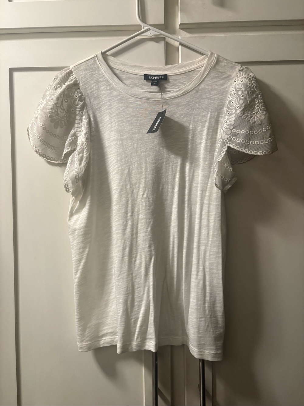 NEW Express White Eyelet Flutter Sleeve Tee